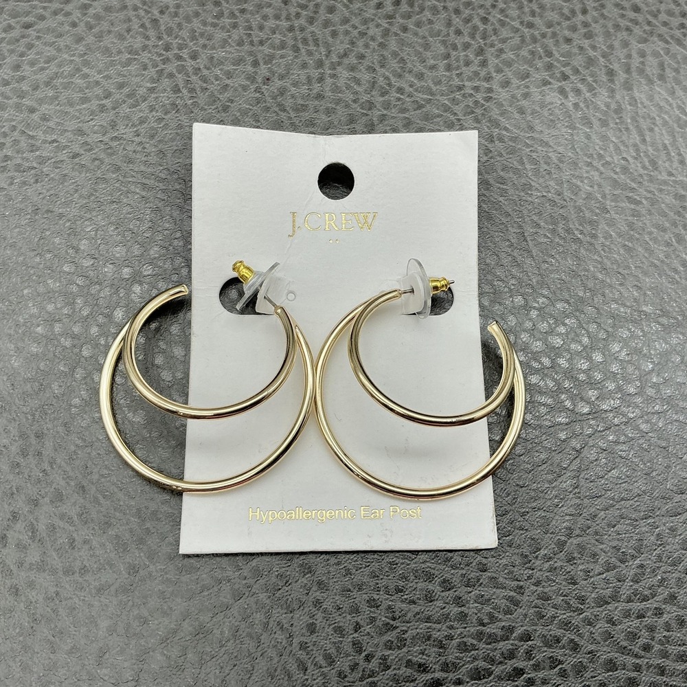 J.Crew Earrings Gold Tone Round Double Hoop Womens Fashion Jewelry 2" Drop